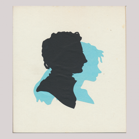
        Front of silhouette, with close-up a boy looking right; in the background a girl looking right painted in diffierent color.